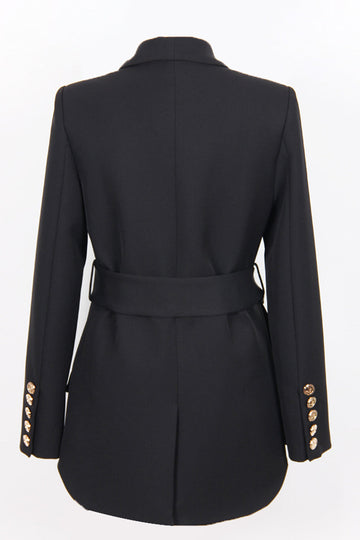 Sort sjal revers dobbeltradet lang kvinder blazer med bælte